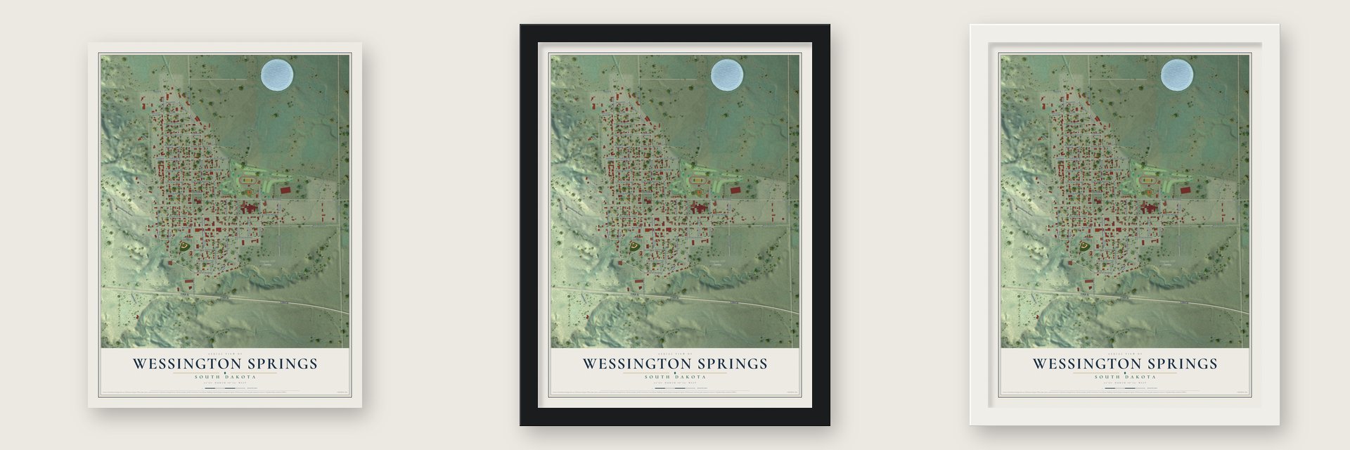 Wessington Springs, South Dakota map unframed, in a black wood frame and in a white wood frame