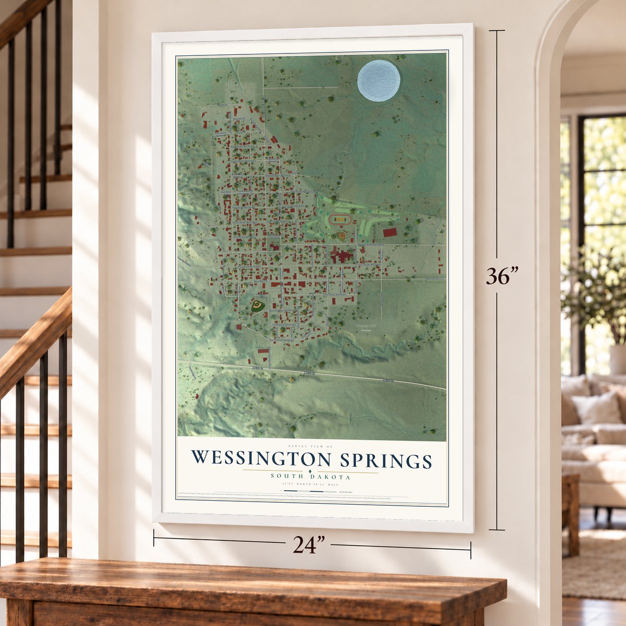 Wessington Springs, South Dakota map, 24 x 36 inch print in a white frame by a staircase