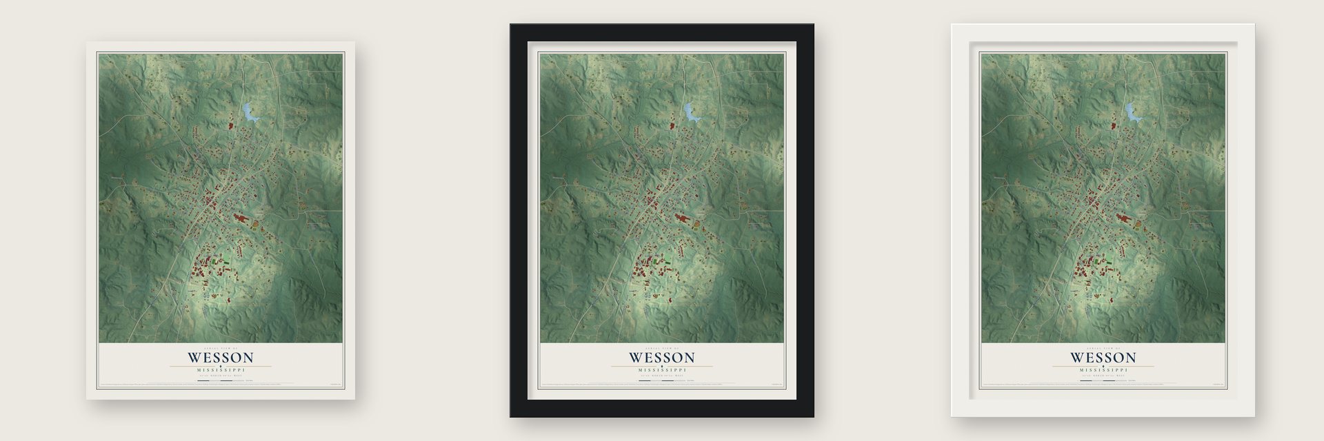Wesson, Mississippi map unframed, in a black wood frame and in a white wood frame