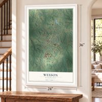 Wesson, Mississippi map, 24 x 36 inch print in a white frame by a staircase