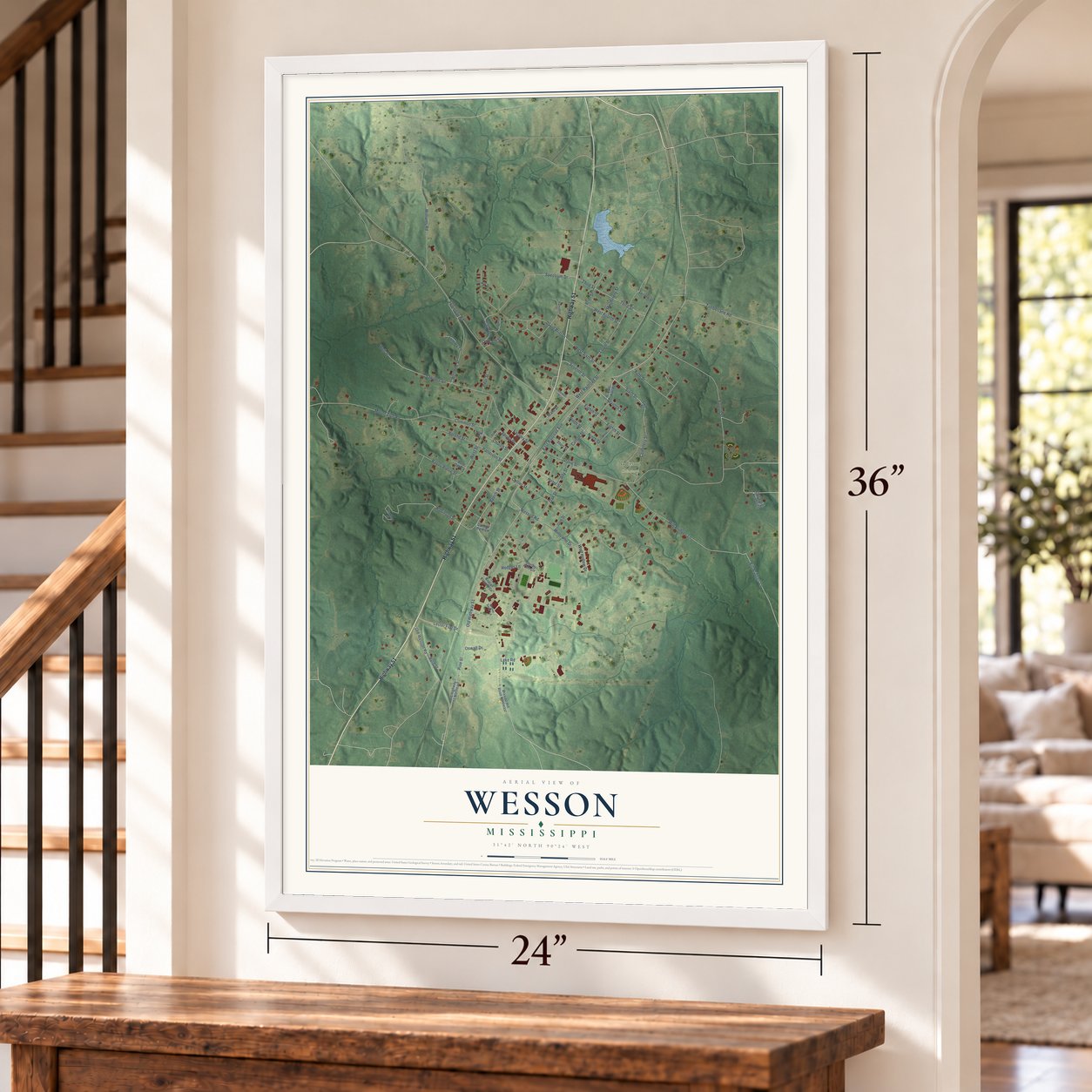 Wesson, Mississippi map, 24 x 36 inch print in a white frame by a staircase