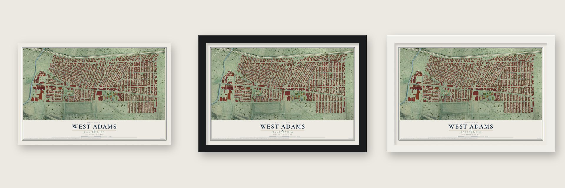 West Adams, California map unframed, in a black wood frame and in a white wood frame