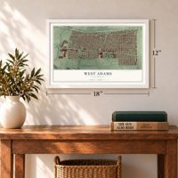 West Adams, California map, 12 x 18 inch print in a white frame in an entryway