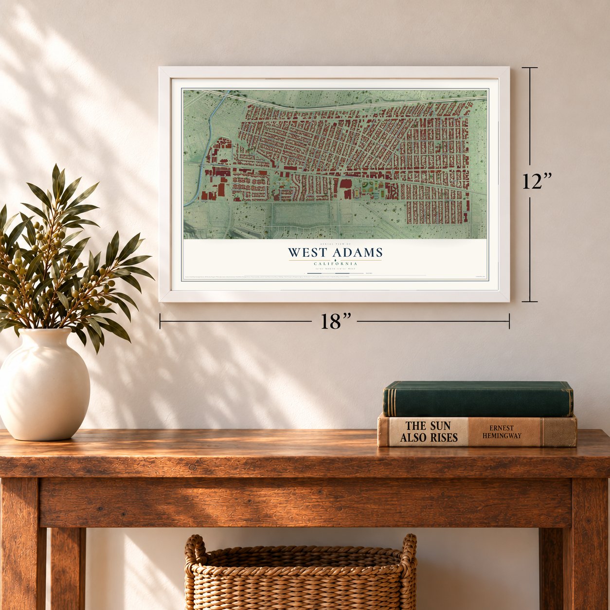 West Adams, California map, 12 x 18 inch print in a white frame in an entryway