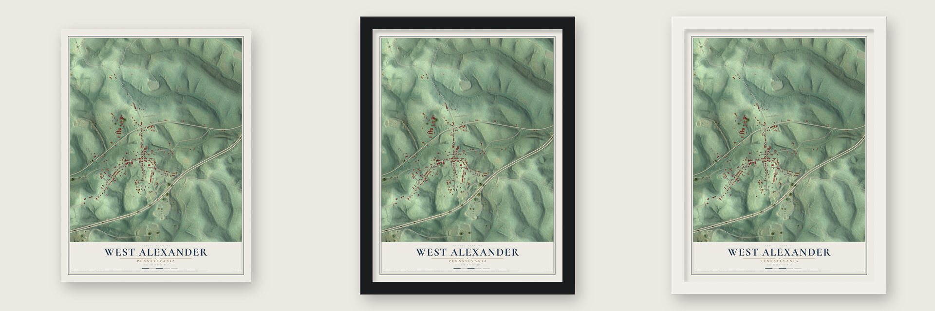 West Alexander, Pennsylvania map unframed, in a black wood frame and in a white wood frame