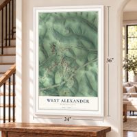 West Alexander, Pennsylvania map, 24 x 36 inch print in a white frame by a staircase