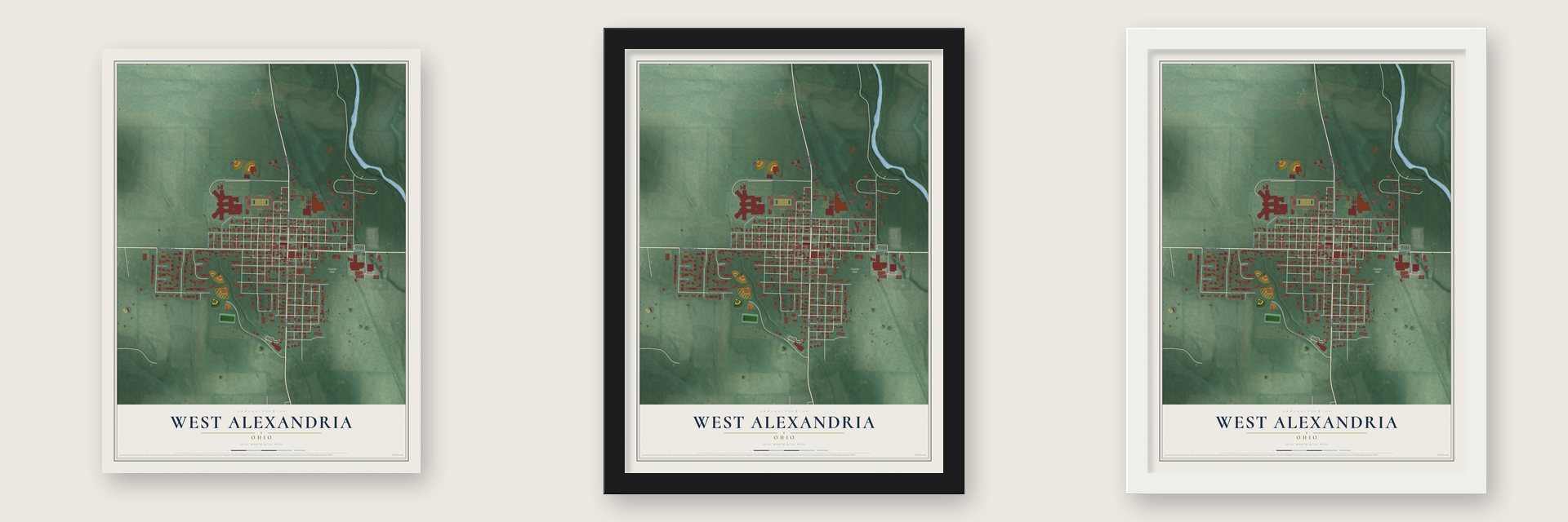 West Alexandria, Ohio map unframed, in a black wood frame and in a white wood frame
