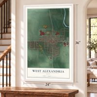West Alexandria, Ohio map, 24 x 36 inch print in a white frame by a staircase
