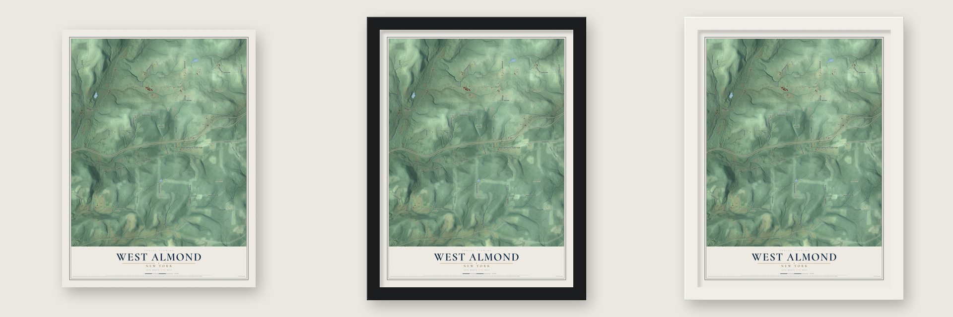 West Almond, New York map unframed, in a black wood frame and in a white wood frame