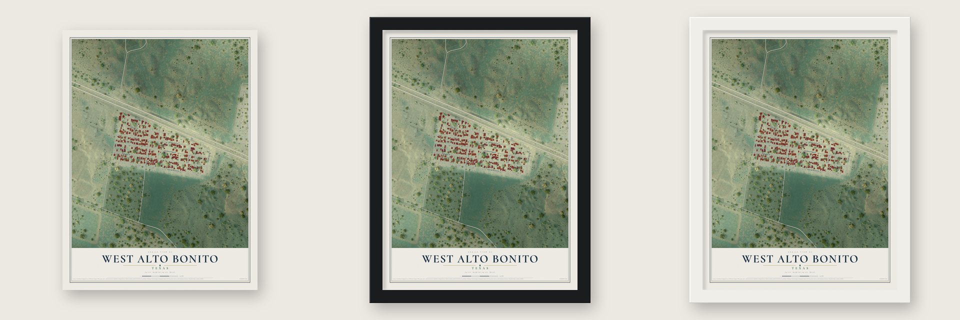 West Alto Bonito, Texas map unframed, in a black wood frame and in a white wood frame