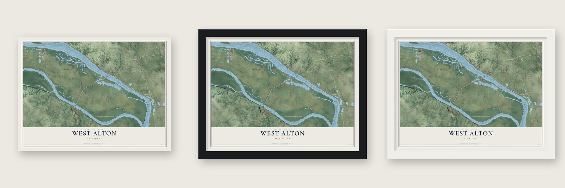West Alton, Missouri map unframed, in a black wood frame and in a white wood frame