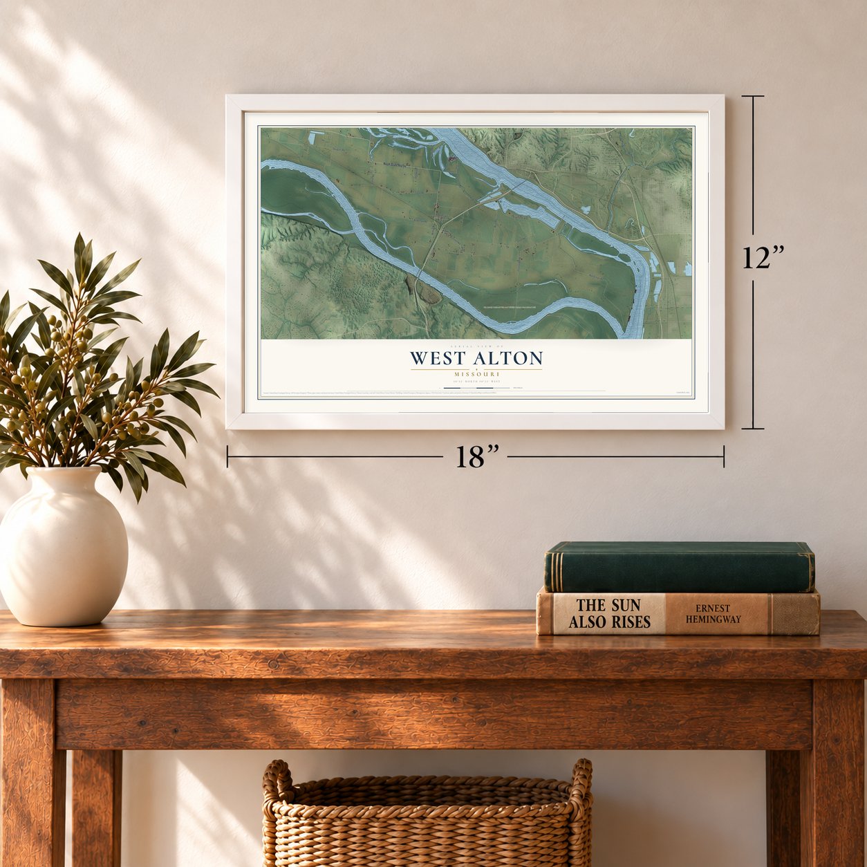 West Alton, Missouri map, 12 x 18 inch print in a white frame in an entryway
