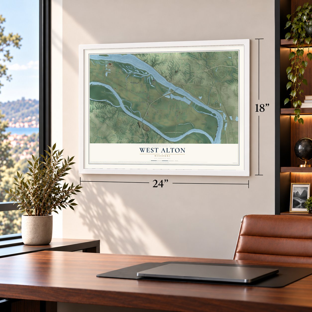 West Alton, Missouri map, 18 x 24 inch print in a white frame in a home office