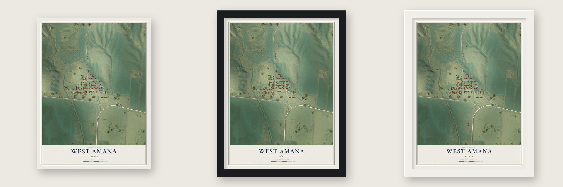 West Amana, Iowa map unframed, in a black wood frame and in a white wood frame