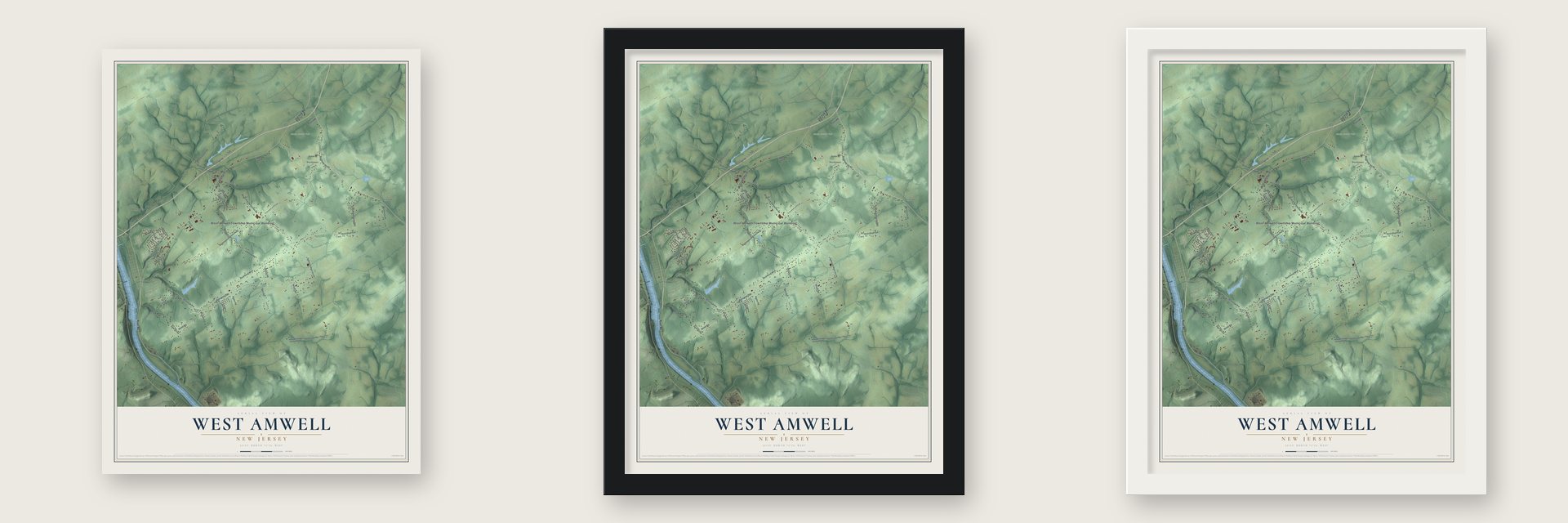 West Amwell, New Jersey map unframed, in a black wood frame and in a white wood frame