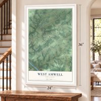 West Amwell, New Jersey map, 24 x 36 inch print in a white frame by a staircase