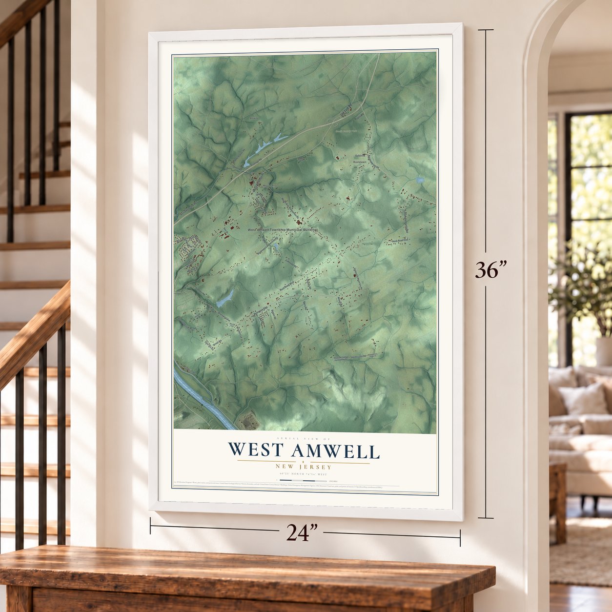 West Amwell, New Jersey map, 24 x 36 inch print in a white frame by a staircase