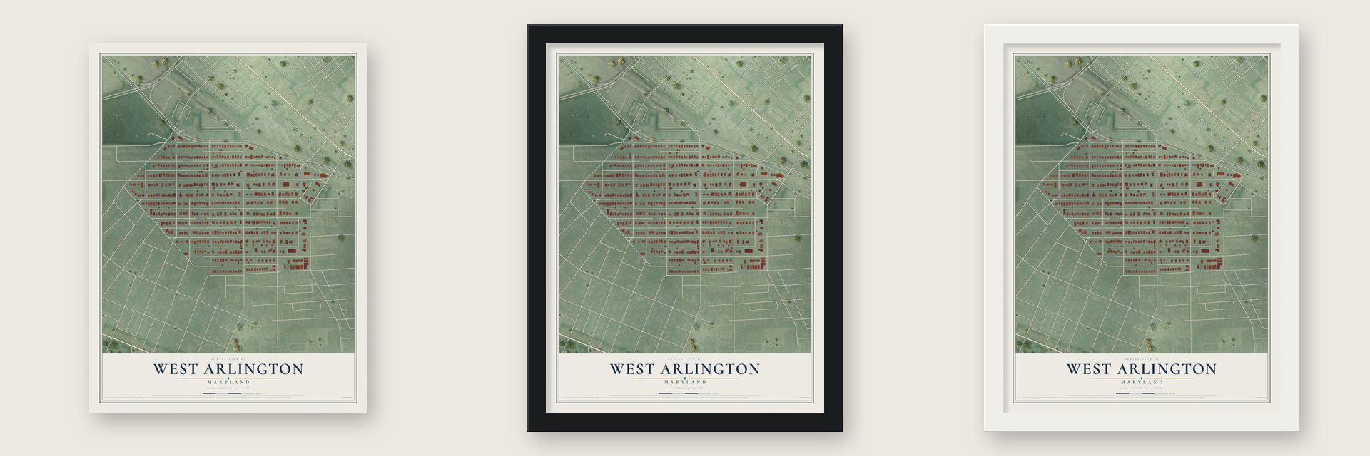 West Arlington, Maryland map unframed, in a black wood frame and in a white wood frame