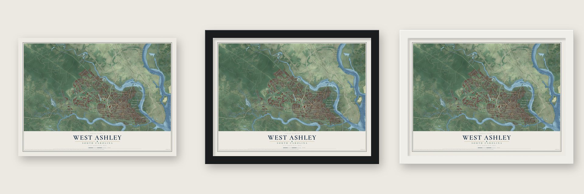 West Ashley, South Carolina map unframed, in a black wood frame and in a white wood frame