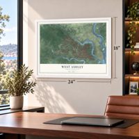 West Ashley, South Carolina map, 18 x 24 inch print in a white frame in a home office