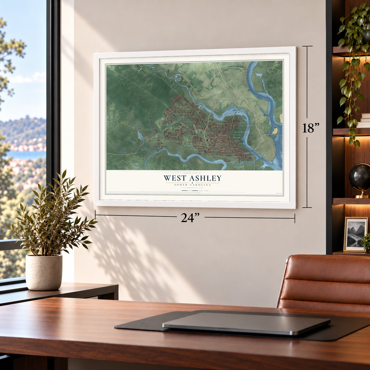 West Ashley, South Carolina map, 18 x 24 inch print in a white frame in a home office