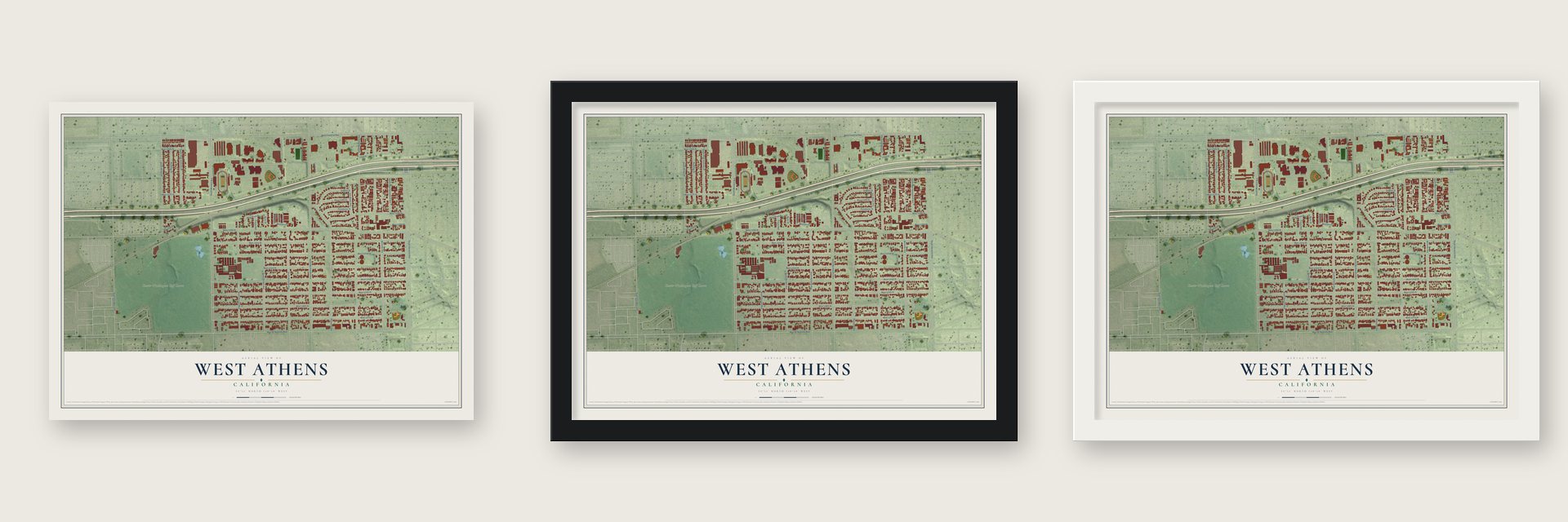 West Athens, California map unframed, in a black wood frame and in a white wood frame
