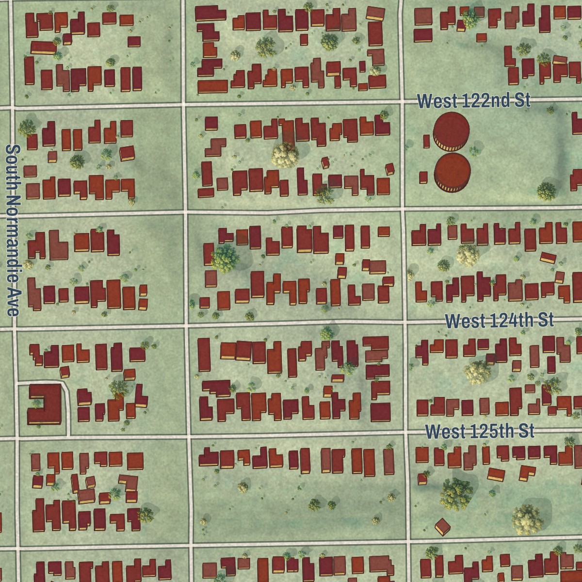 Second close-up of the map of West Athens, California print showing more streets and buildings