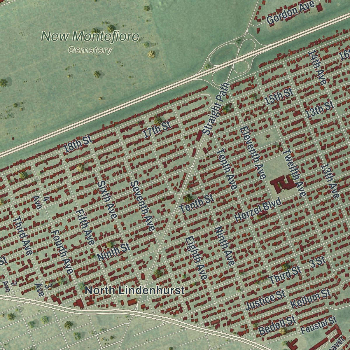Second close-up of the map of West Babylon, New York print showing more streets and buildings
