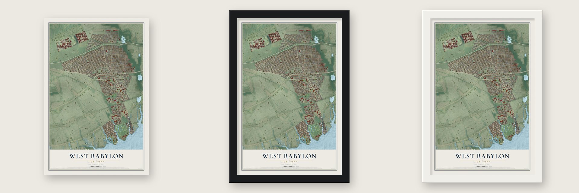 West Babylon, New York map unframed, in a black wood frame and in a white wood frame