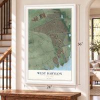 West Babylon, New York map, 24 x 36 inch print in a white frame by a staircase