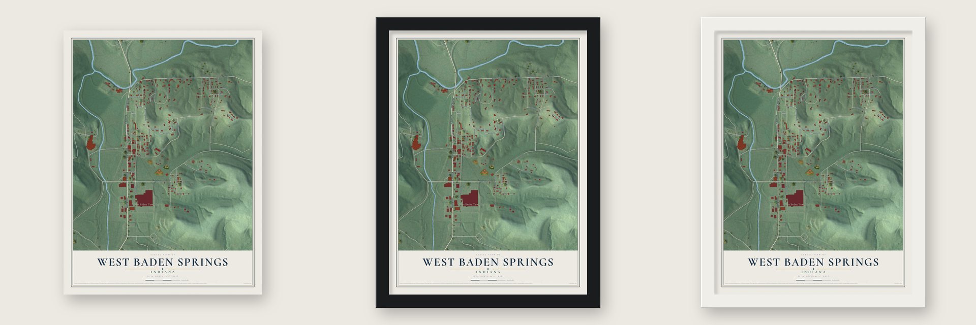 West Baden Springs, Indiana map unframed, in a black wood frame and in a white wood frame