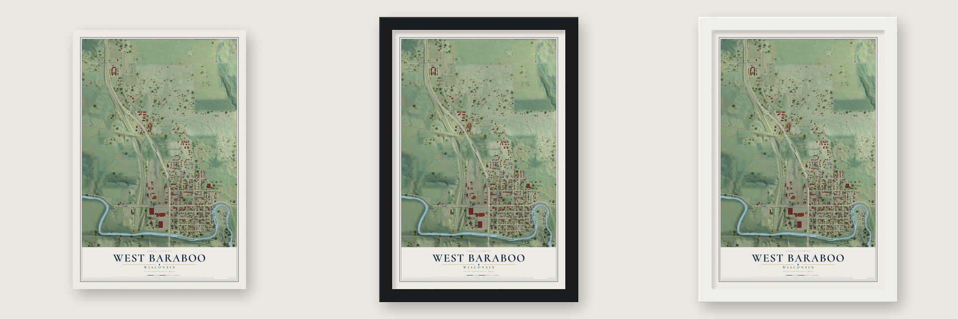 West Baraboo, Wisconsin map unframed, in a black wood frame and in a white wood frame