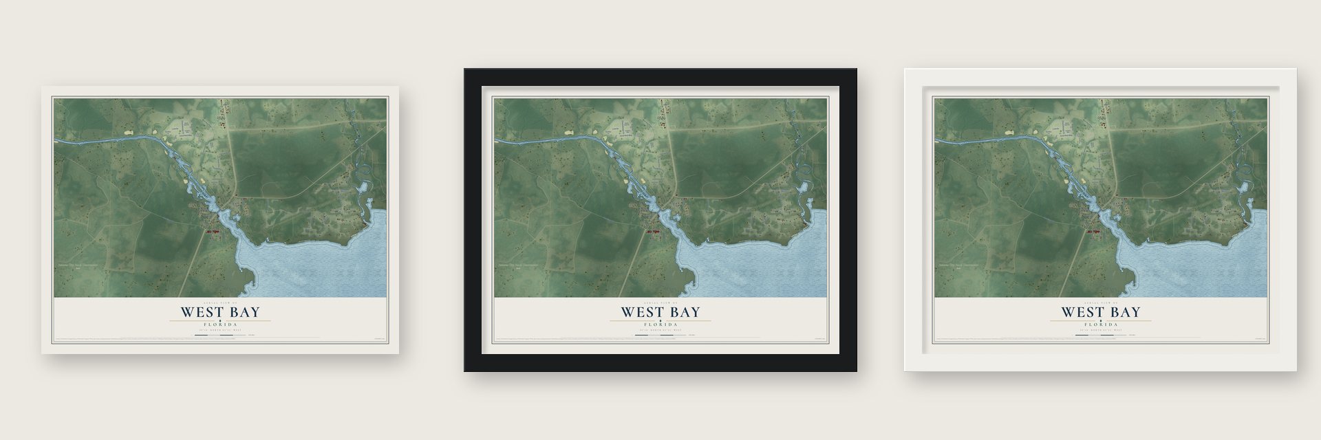 West Bay, Florida map unframed, in a black wood frame and in a white wood frame