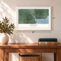 West Bay, Florida map, 12 x 18 inch print in a white frame in an entryway