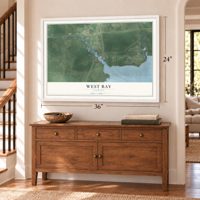 West Bay, Florida map, 24 x 36 inch print in a white frame above a dresser by a staircase