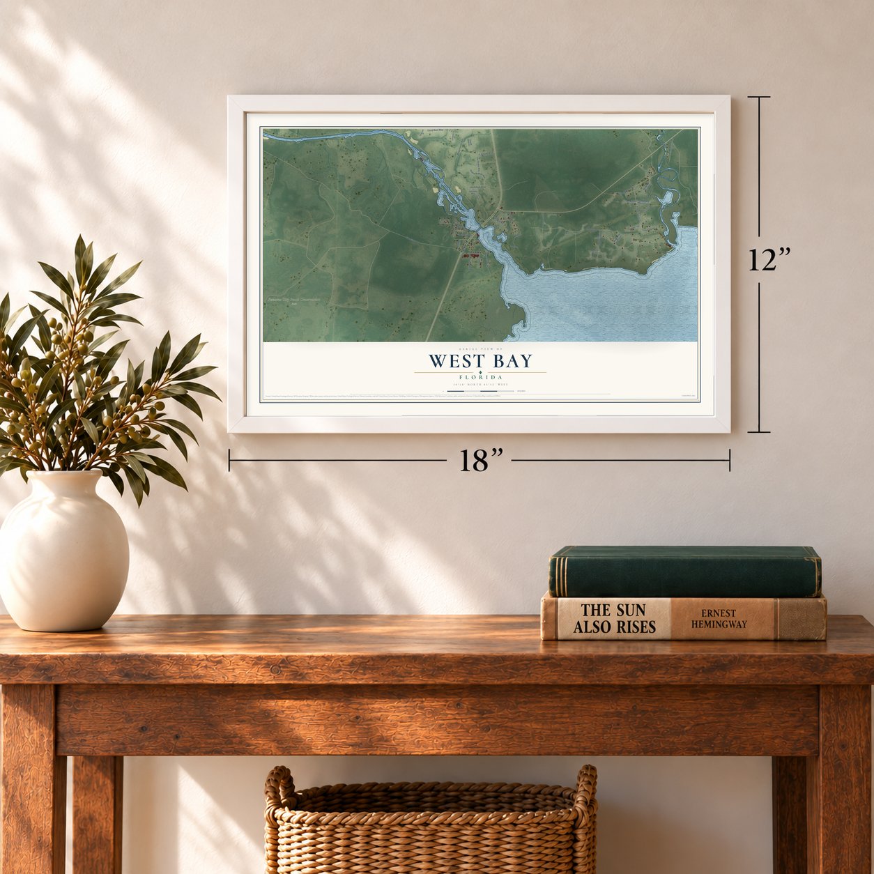 West Bay, Florida map, 12 x 18 inch print in a white frame in an entryway