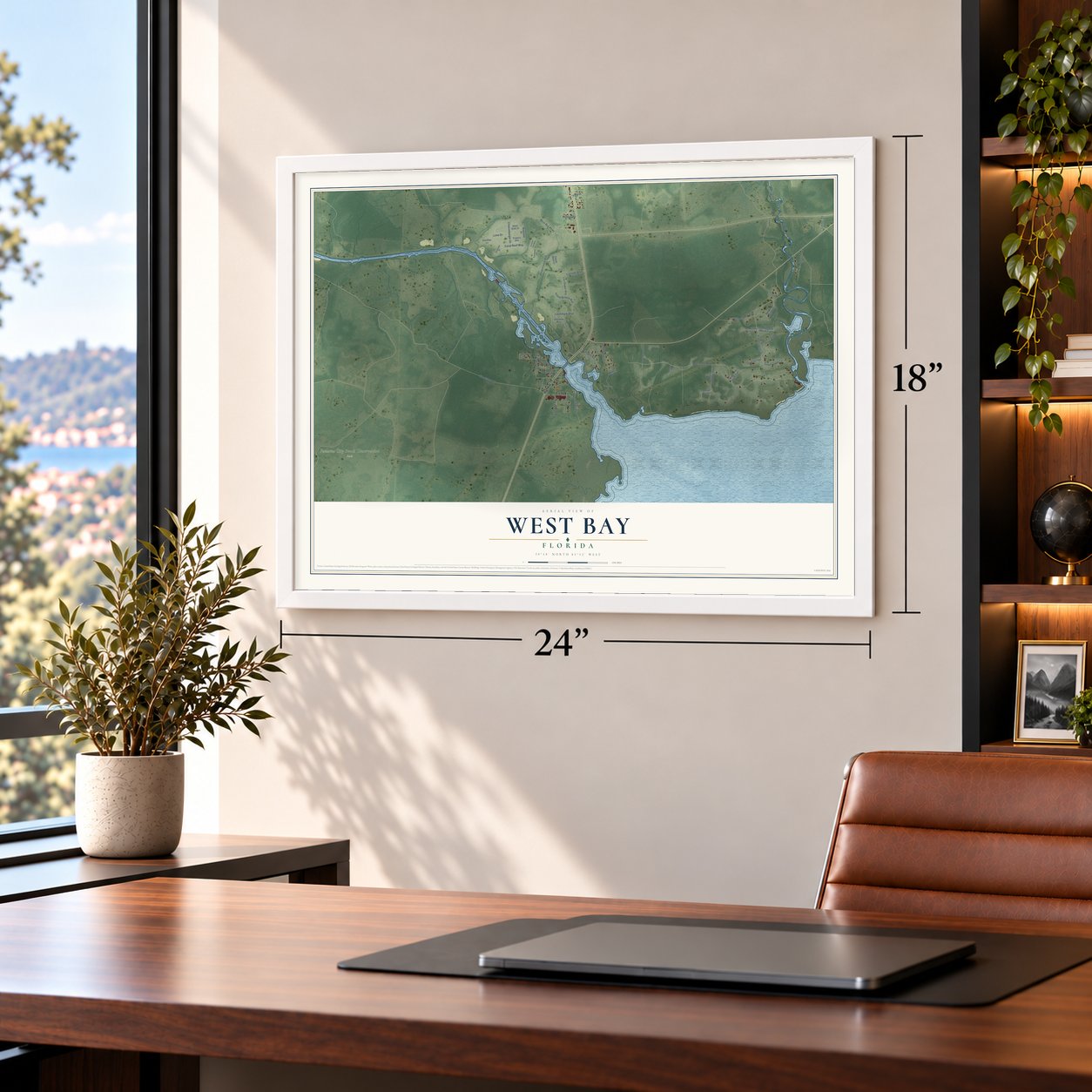 West Bay, Florida map, 18 x 24 inch print in a white frame in a home office