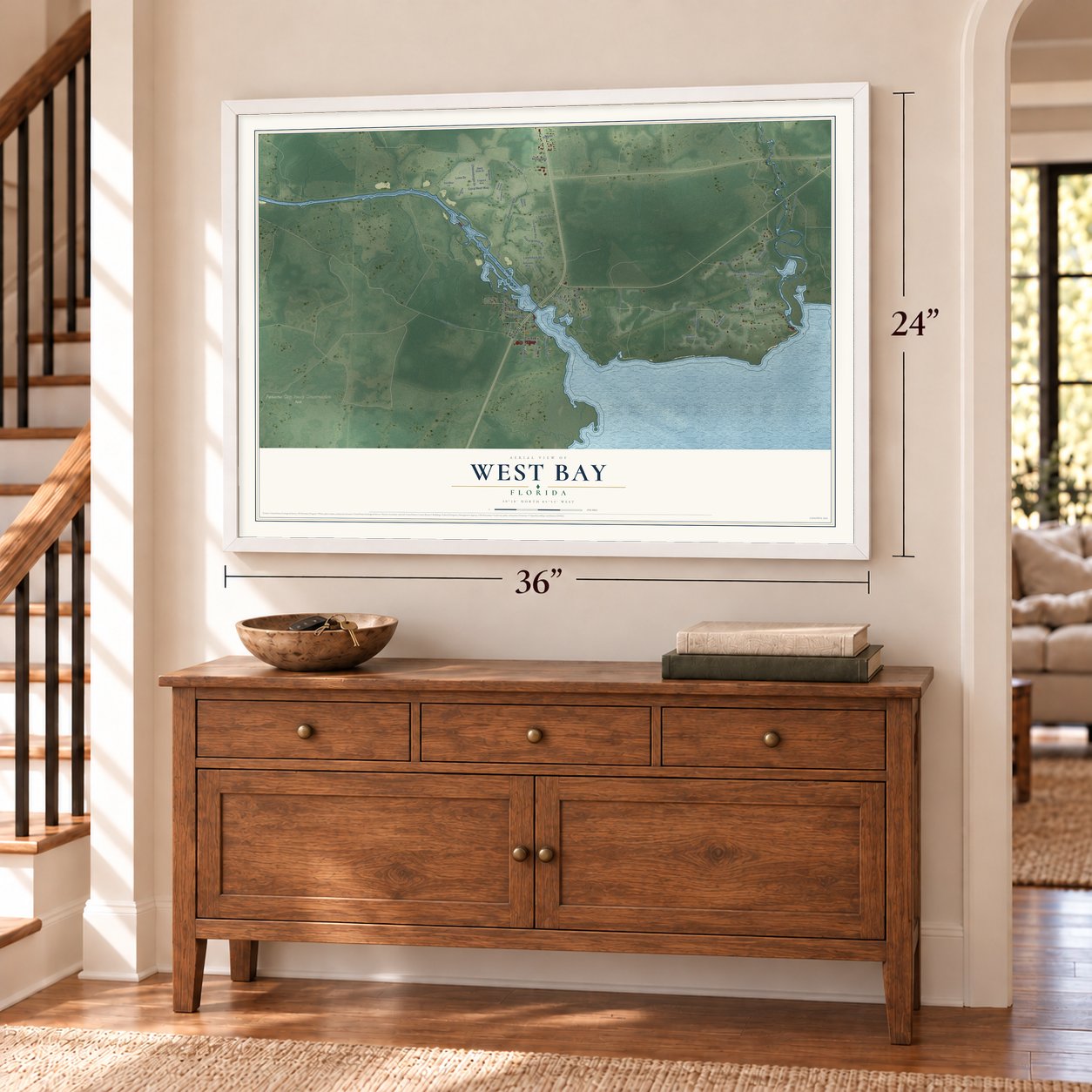 West Bay, Florida map, 24 x 36 inch print in a white frame above a dresser by a staircase
