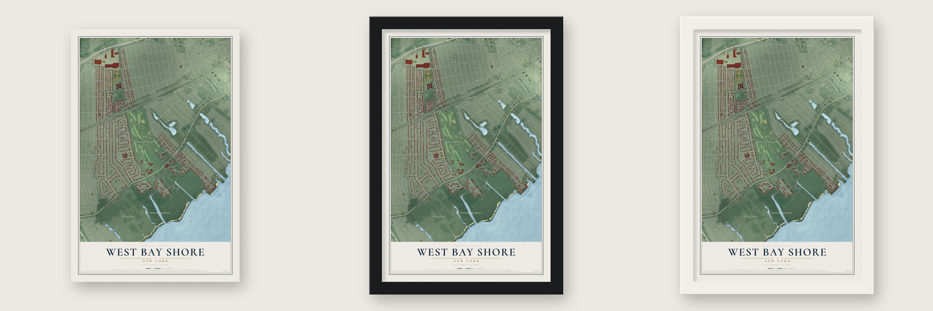 West Bay Shore, New York map unframed, in a black wood frame and in a white wood frame
