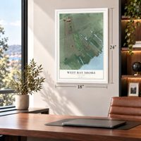 West Bay Shore, New York map, 18 x 24 inch print in a white frame in a home office