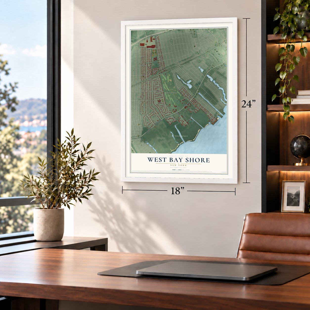 West Bay Shore, New York map, 18 x 24 inch print in a white frame in a home office