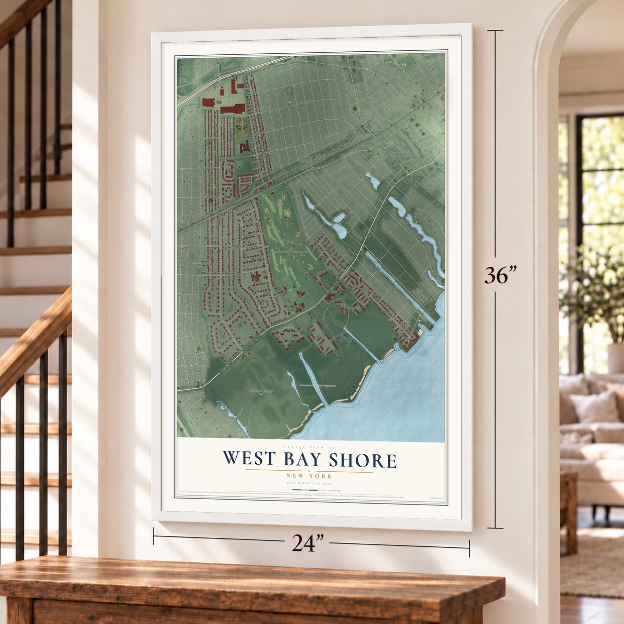 West Bay Shore, New York map, 24 x 36 inch print in a white frame by a staircase