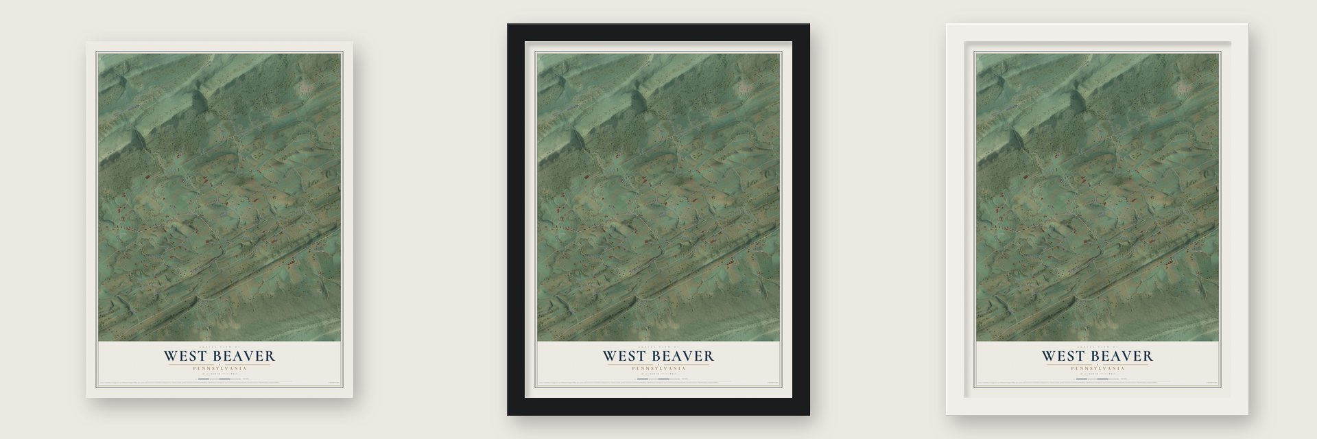 West Beaver, Pennsylvania map unframed, in a black wood frame and in a white wood frame