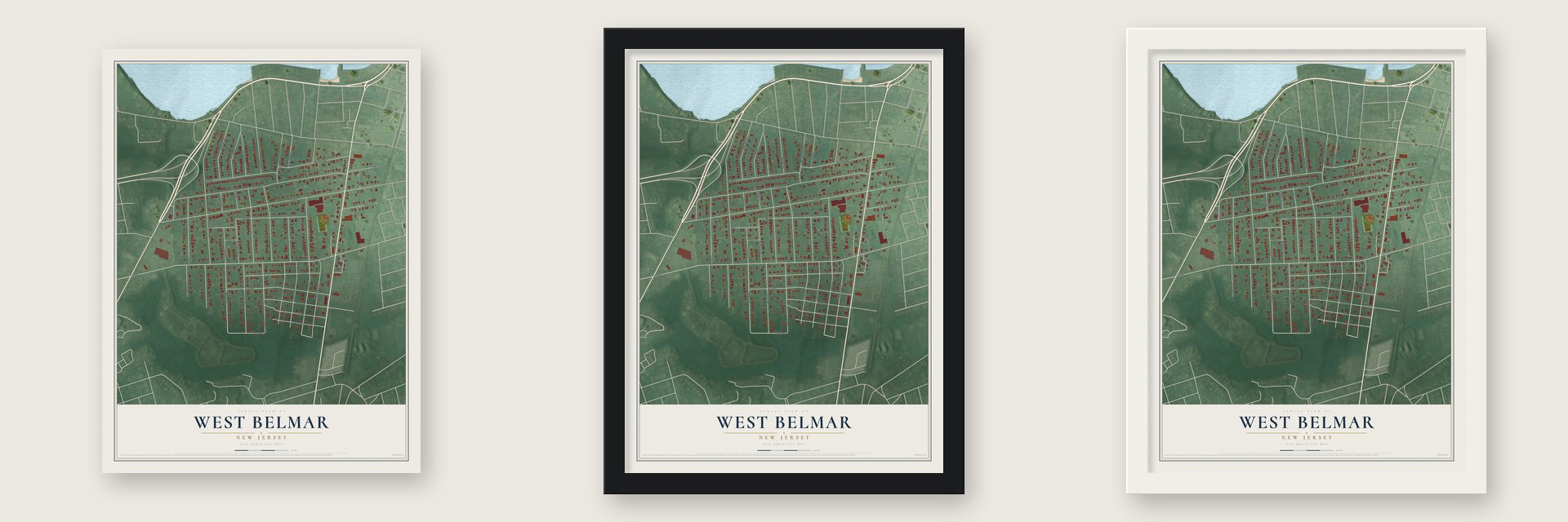 West Belmar, New Jersey map unframed, in a black wood frame and in a white wood frame