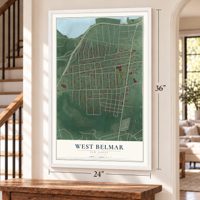 West Belmar, New Jersey map, 24 x 36 inch print in a white frame by a staircase
