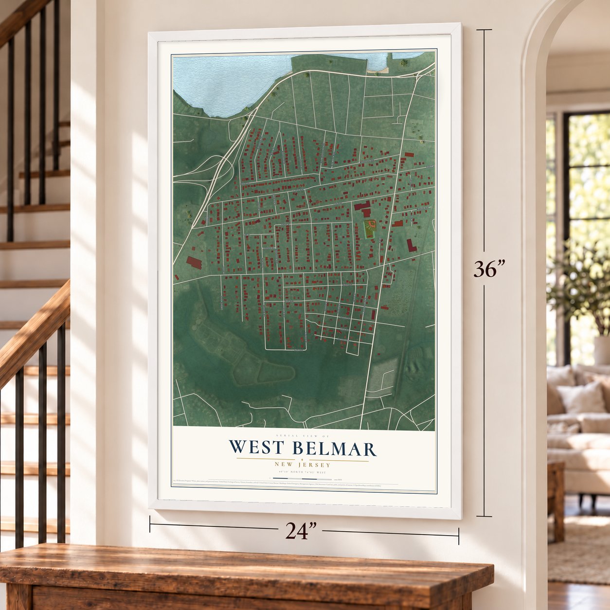 West Belmar, New Jersey map, 24 x 36 inch print in a white frame by a staircase