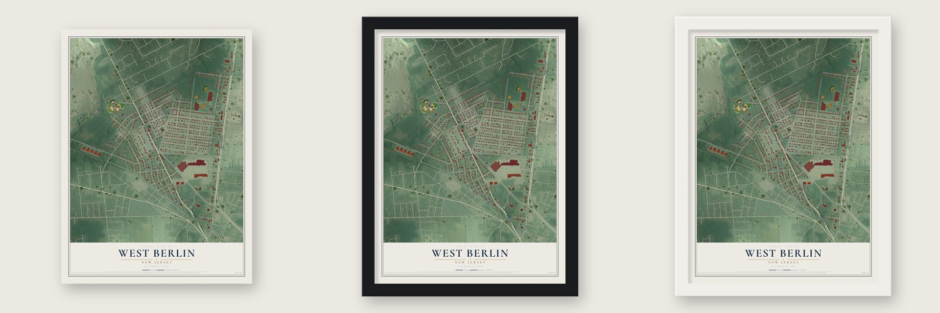 West Berlin, New Jersey map unframed, in a black wood frame and in a white wood frame