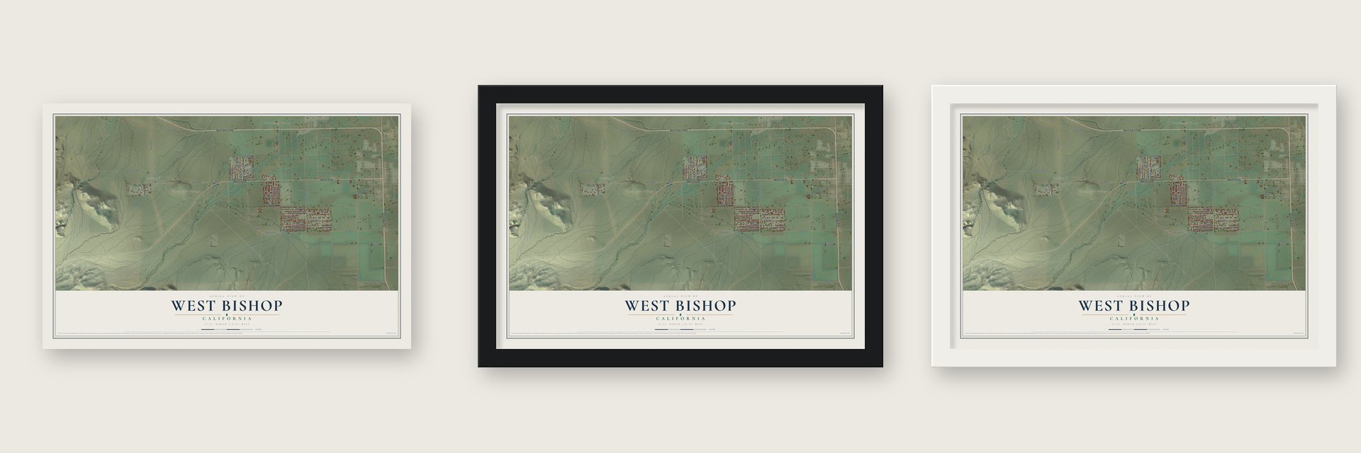 West Bishop, California map unframed, in a black wood frame and in a white wood frame