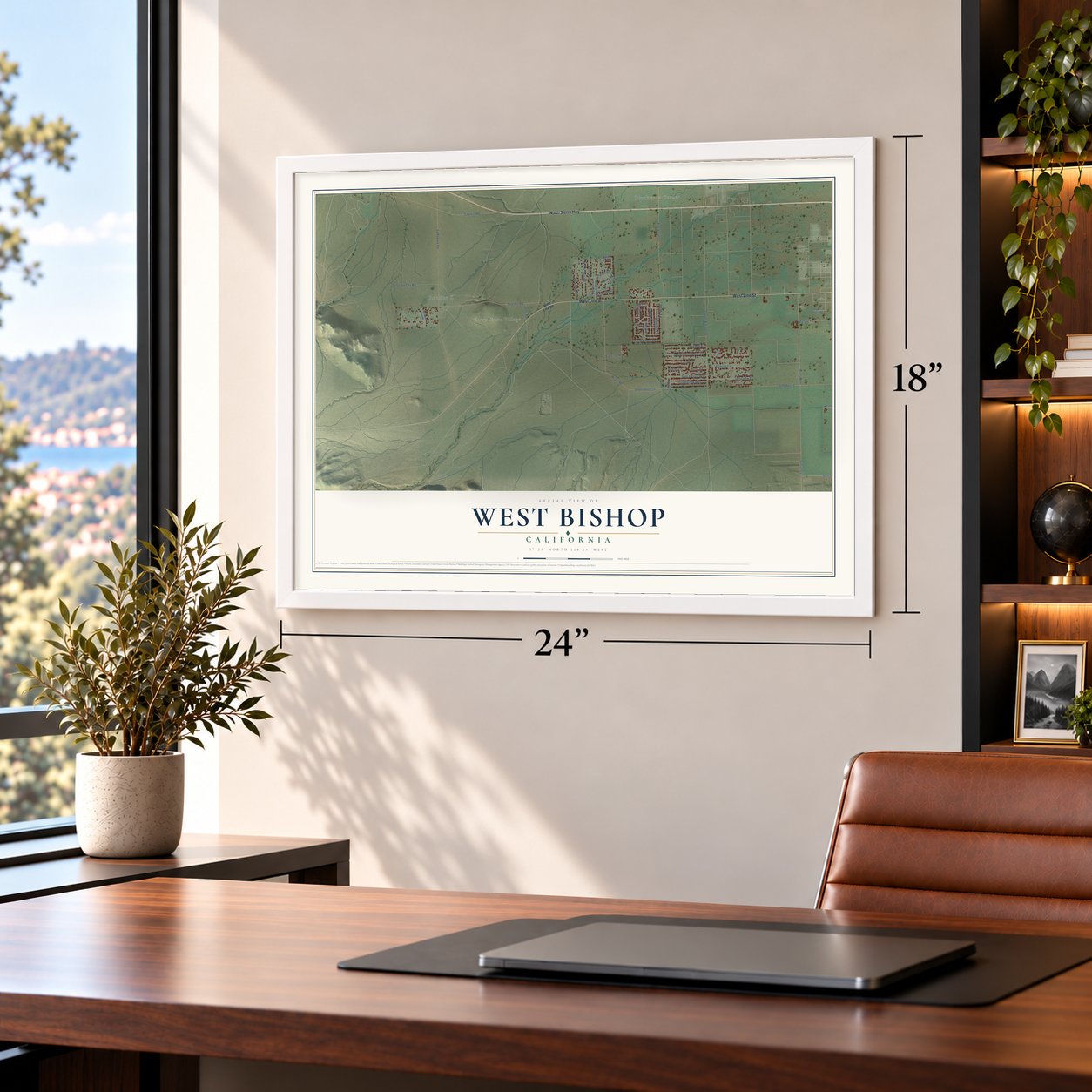 West Bishop, California map, 18 x 24 inch print in a white frame in a home office