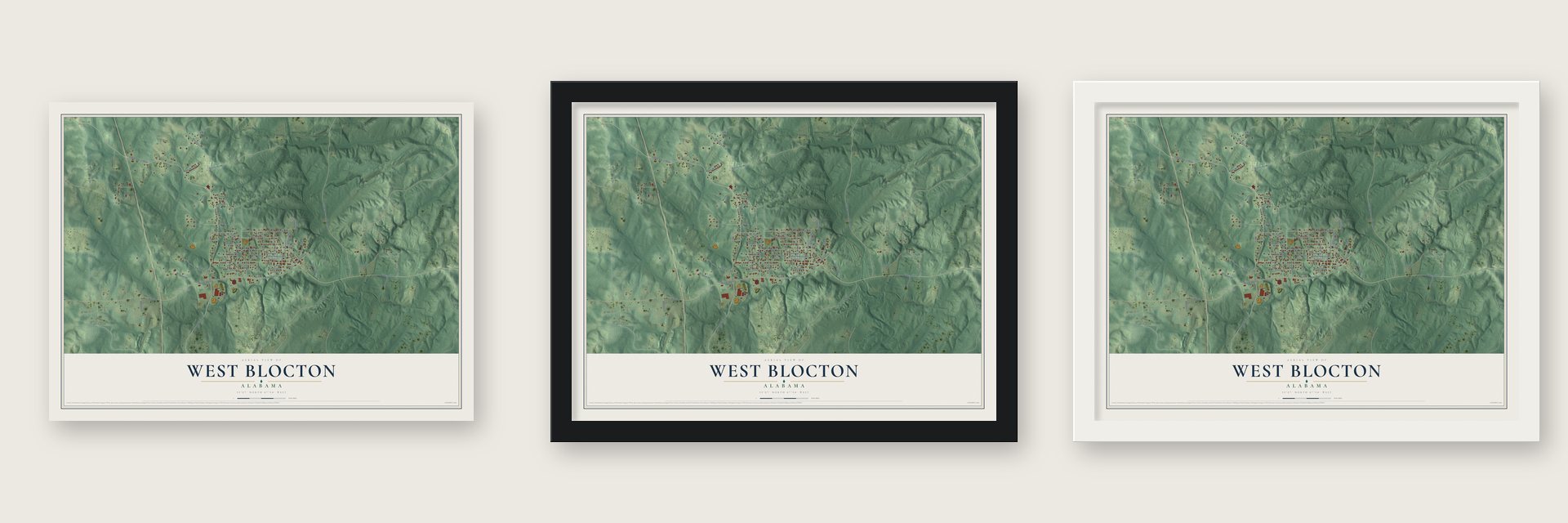 West Blocton, Alabama map unframed, in a black wood frame and in a white wood frame